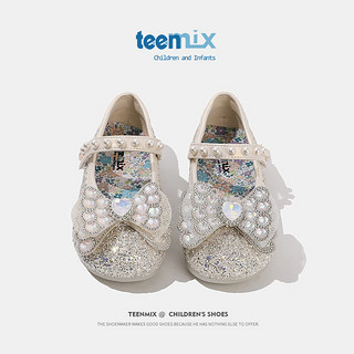 天美意（TEENMIX）天美意女童水晶鞋公主2024春季儿童皮鞋水钻演出单鞋宝宝 米色 单层  30码