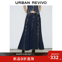 UR2024夏季女装时尚复古金属纽扣长款牛仔半裙UWG840099 蓝色 XXS