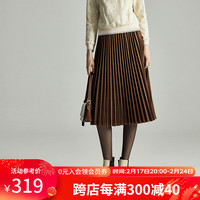 颜域时尚丝绒百褶裙女气质通勤简约显瘦复古半身裙女 咖色 XL/42