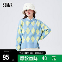 森马（Semir）毛衣女菱形格开叉上衣复古时尚冬季oversize圆领毛衫101722107011 黄蓝色调00338 M