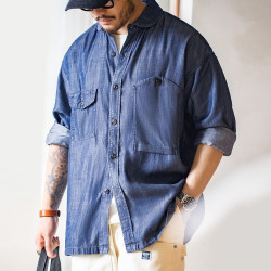 maden马登工装美式复古天丝牛仔衬衫丹宁莱赛尔长袖cpo衬衣外套男士秋