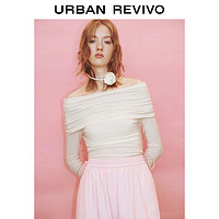 URBAN REVIVO UR2024春季女装都市气质褶皱一字领修身长袖T恤UWU440044 粉白 M