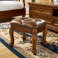 艾斯家乐美式实木矮凳家用客厅欧式沙发凳真皮小凳子搁脚凳复古鞋凳茶几凳 棕色