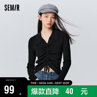 森马（Semir）毛衣女短款polo领纯色修身显瘦冬季小心机抽绳套头衫107722106002 黑色90001 M