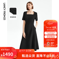 朗姿法式复古方领显瘦气质连衣裙独特小黑裙女23年夏季新款 黑色