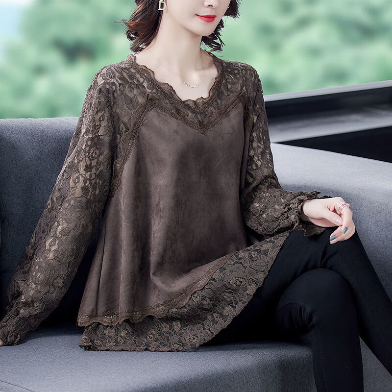 阿究究大码蕾丝拼接鹿皮绒上衣女春装2024百搭宽松春装洋气打底衫 咖啡色 4XL150-170斤高品质