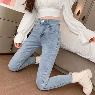 咪小主 牛仔裤女士修身高腰秋季显瘦百搭九分铅笔小脚裤潮 蓝灰色 29 110-120斤