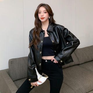 GARNUO黑色皮衣外套女短款2024春秋小个子美式复古休闲pu机车服夹克   黑色 M【106-120斤】