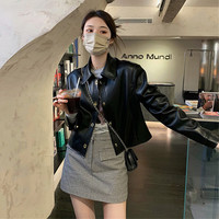 GARNUO黑色皮衣外套女2024春秋小个子短款复古休闲pu机车服夹克上衣 黑色 M【106-120斤】