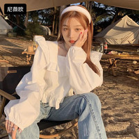 尼薇欧2023泡泡袖上衣春秋季方领短款衬衣衬衫女新灯笼袖松荷叶边 白色 M_95-105斤