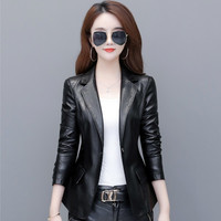 鑫奥王 女皮衣短款小西服一粒扣时尚显瘦女式皮夹克外套西装领修身女装 黑色 2XL【115斤-125斤】