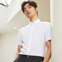 tries才子男装白色衬衫短袖男2022夏季新款商务正装提花衬衣