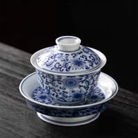 古笙记(GUSHENGJI)青花瓷盖碗景德镇陶瓷三才碗茶杯功夫泡茶具大号仿古家用防烫茶器 青花盖碗+壶承(富贵连连)
