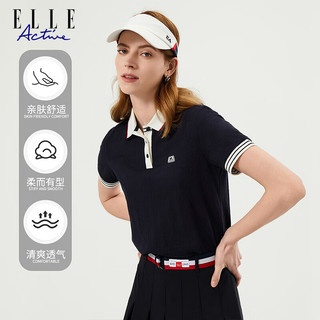 ELLE ACTIVE时尚撞色POLO衫女士2024夏季大方低调暗纹满印LOGO短袖上衣 藏青色 S