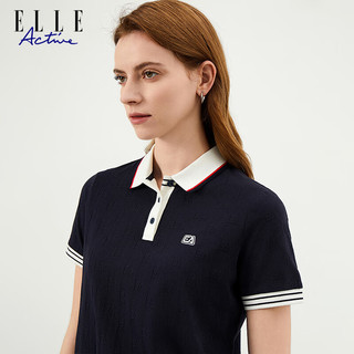 ELLE ACTIVE时尚撞色POLO衫女士2024夏季大方低调暗纹满印LOGO短袖上衣 藏青色 S