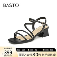 百思图（BASTO）2024夏季复古休闲条带罗马粗跟女凉鞋TNE32BL4 黑色 34