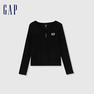 Gap女装2024春季logo简约纽扣V领长袖女友T套头上衣429380 黑色 175/92A(XL) 亚洲尺码