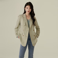 阿依莲复古纯色西装外套女2024春季宽松廓形西服显瘦气质上衣 鼠尾草绿 S