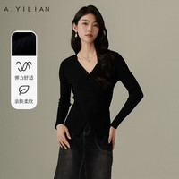 阿依莲V领套头针织衫女士2024春季交叉显瘦毛衣流行漂亮上衣 黑色 L