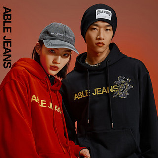 ABLE JEANS 24春季龙年系列LOGO绣花宽松新年连帽卫衣男士上衣 银朱 L