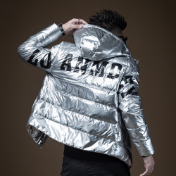 bm男士痞帅外套印花连帽银色亮面羽绒服男潮流韩版修身休闲百搭冬