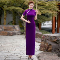 悦诗春沐金丝绒走秀旗袍长款演出优雅舞台表演复古中国风大码连衣裙女 紫色 L 140cm