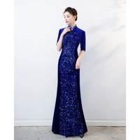 语禾恬走秀旗袍加长款演出服改良女丝绒中袖国风修身年宴会主持鱼尾晚礼 深蓝色 深蓝鱼尾夹亮片中袖 2XL