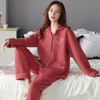 俏丽雅(qiaoliya)空气棉夹层睡衣女春秋冬季加厚纯棉长袖中年妈妈薄夹棉套装