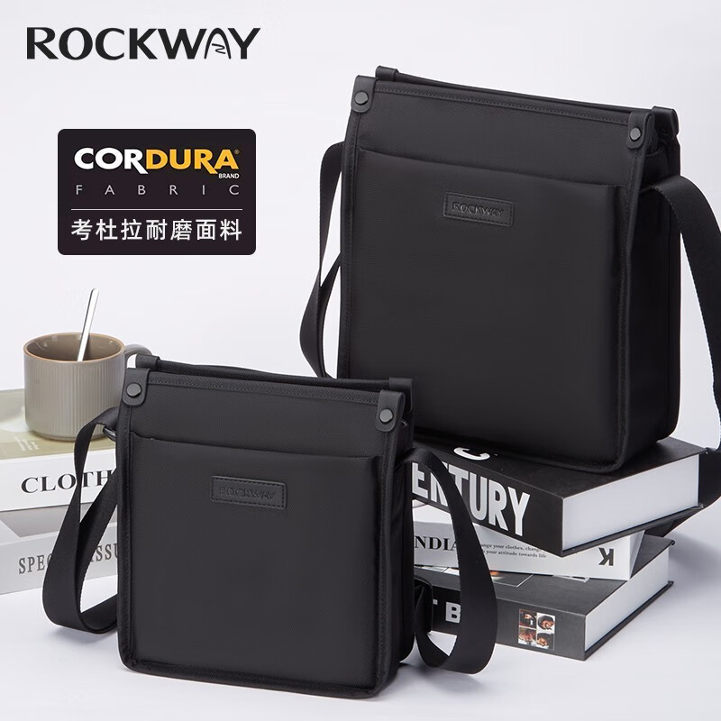岩途（rockway）商务单肩包男士斜挎包竖版通勤男包日字包轻便小背包可装ipadmini 【标准版】黑色M码24.5*27*9cm