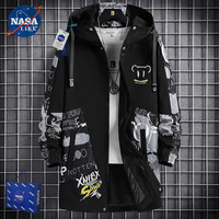 NASALIKE潮牌男装中长款风衣男秋冬季大码连帽外套男宽松涂鸦风衣外套 N73黑色(春秋款) 3XL(178-185cm 160-180斤)