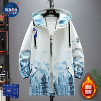 NASALIKE潮牌男装中长款风衣男春秋冬季大码连帽外套男宽松涂鸦外套男 N51蓝色加绒(秋冬款) L(163-172cm 90-120斤)