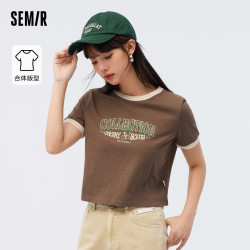 semir森马短袖t恤女纯棉做旧印花美式复古上衣2023夏新款撞色衣服小众