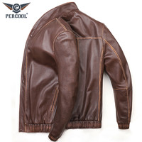 PERCOOL米兰走秀真皮皮衣男头层牛皮复古做旧皮外套修身短款单皮夹克 做旧咖色 2XL号（170斤-185斤）