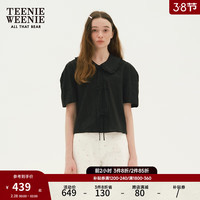 Teenie Weenie小熊女装2024蝴蝶结系带短袖衬衫花边娃娃领上衣 黑色 170/L