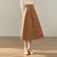 茵曼（INMAN）冬女装文艺经典百搭撞色绣花专机绣中高腰A字半身裙 卡其色-18348694 XL