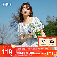 Semir 森马 连衣裙女文艺复古方领季清新温柔肌理碎花长裙109323114003 蓝色调00388 XL