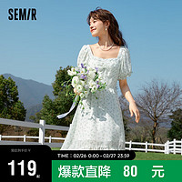 Semir 森马 连衣裙女文艺复古方领季清新温柔肌理碎花长裙109323114003 绿色调00344 XL