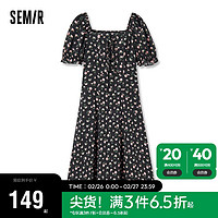 Semir 森马 连衣裙女肌理雪纺碎花裙季方领绑带茶歇裙法式107423114054 黑色调00399 XXL