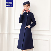 罗蒙职业装毛呢外套女中长款秋冬季酒店前台售楼部空姐羊毛大衣工作服 藏青色羊毛大衣 S