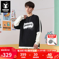 闪电潮牌(GENANX)2024春季印花撞色假两件卫衣复古风圆领卫衣男款男女同款 黑色 S