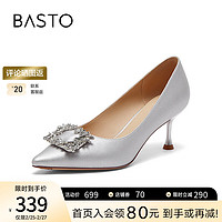 百思图（BASTO）2024春气质闪钻尖头细跟高跟鞋浅口女单鞋婚鞋MA353AQ4 银色 35