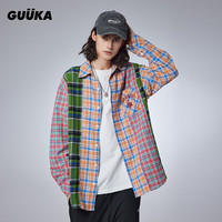 GUUKACBC街舞联名格子衬衫男春潮 青少年复古个性拼接上衣宽松高级 橙色 M
