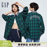 Gap 盖璞 男女装春季2024LOGO格纹翻领长袖衬衫877589宽松休闲上衣 绿色格子 175/96A(L)亚洲尺码