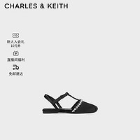 CHARLES&KEITH24春季缎面亮钻T字带儿童平底凉鞋CK9-70900090 BLACK TEXTURED黑色纹理 23码