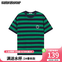 美特斯邦威T恤男2024夏季时尚拼色舒适条纹圆领针织短袖上衣 蓝绿组 160/XS