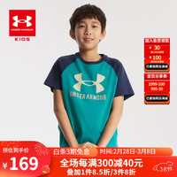 安德玛(Under Armour)童装2024春夏男童插肩袖宽松短袖T恤儿童复古字母印花T恤潮 绿色 150cm