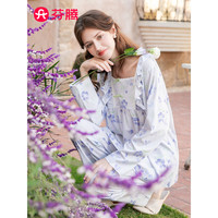 芬腾睡衣女纯棉2024年春季花卉印花固边圆领可外穿休闲长袖家居服套 浅紫 XL