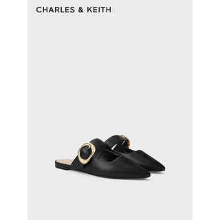 CHARLES&KEITH24春CK1-70381024尖头平底金属扣穆勒鞋拖鞋女 Black黑色 35