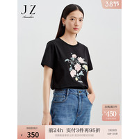 玖姿·安娜蔻简约休闲风圆领印花烫钻宽松短袖T恤女2024春季 素黑 XS