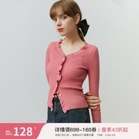 范思蓝恩 木耳边针织开衫 V领长袖修身上衣